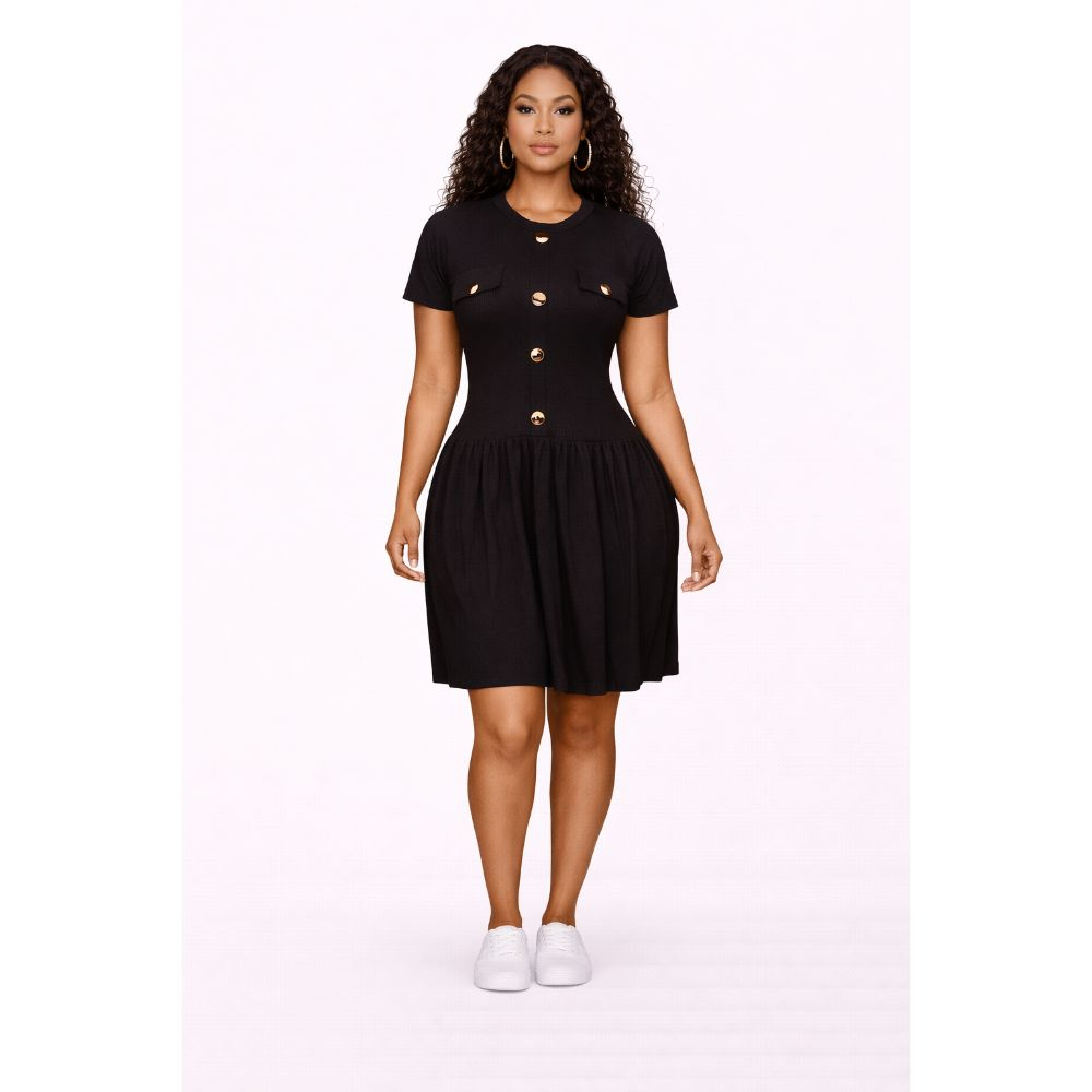Black Button Detail Flare Mini Dress with Gold Accents